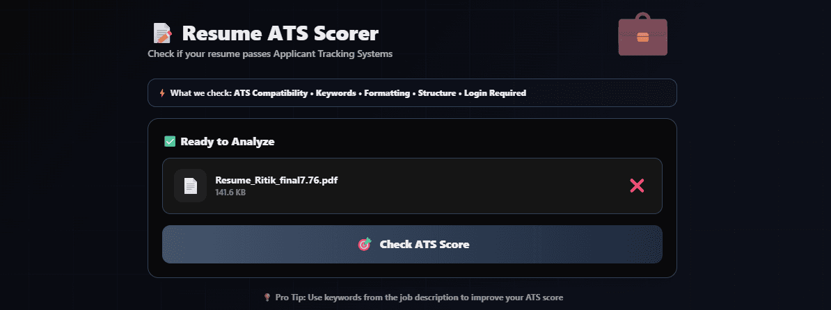 FlexoTools Resume ATS Scorer showing a resume loaded and ready to check