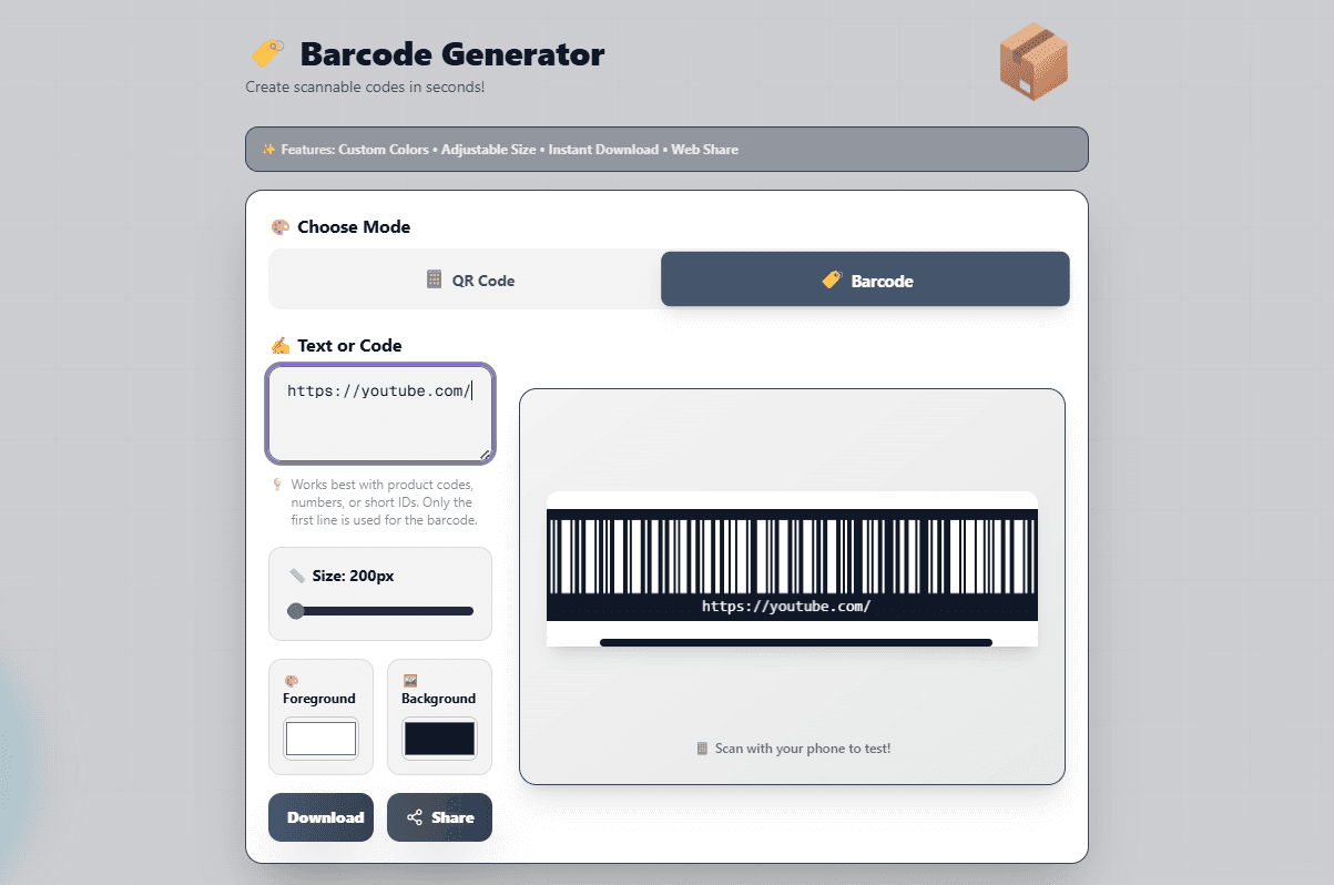 FlexoTools Barcode Generator in barcode mode showing a generated barcode for a product code