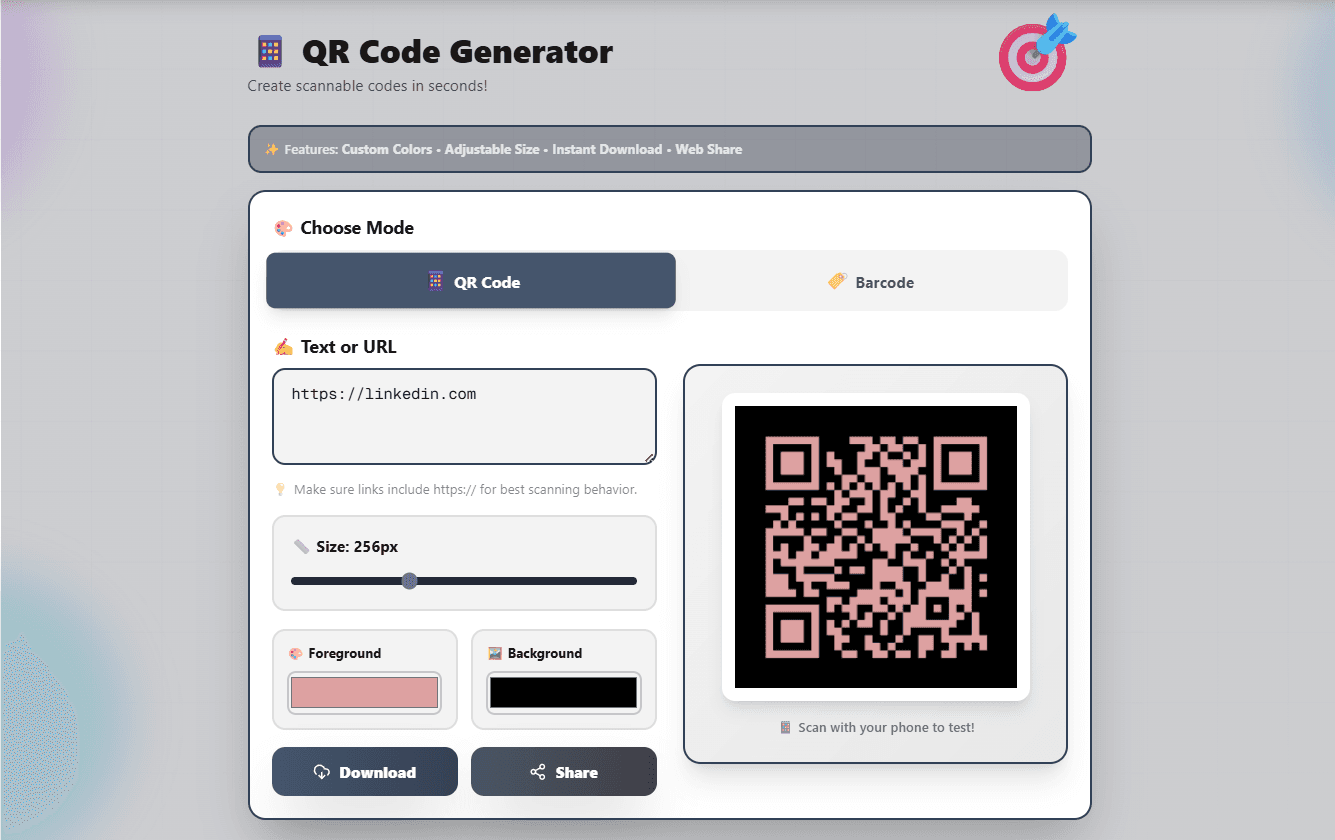 FlexoTools QR Code Generator with a QR code generated and ready to download or share
