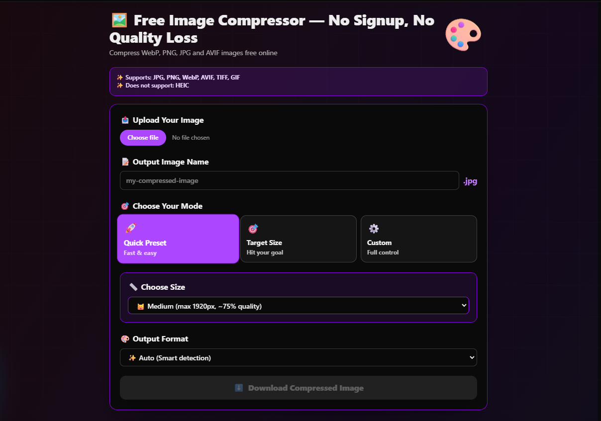 FlexoTools image compressor upload section showing Choose File button and No file chosen text