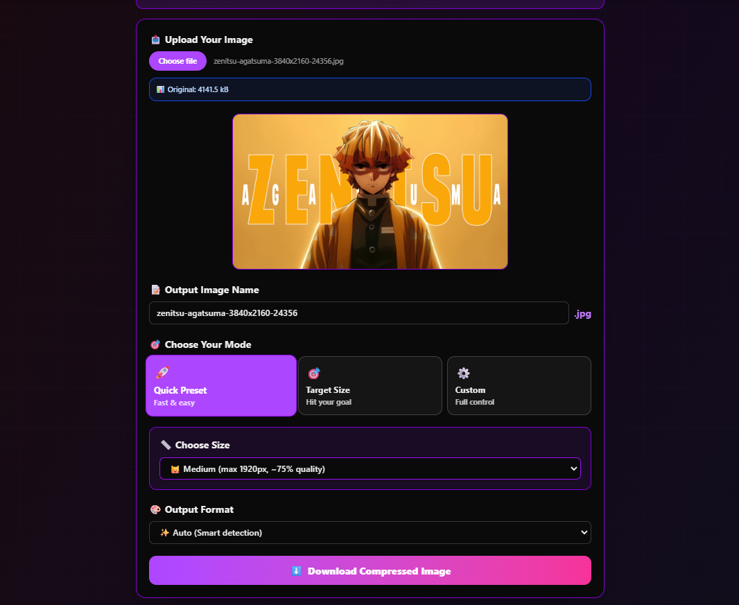 FlexoTools compression modes showing Quick Preset selected with Medium size dropdown and Auto output format
